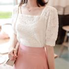 Square-neck Puff-sleeve Lace Blouse