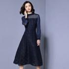 Long-sleeve Jacquard Panel Midi A-line Dress
