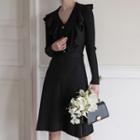 V-neck Ruffled Midi Knit Dress Black - One Size