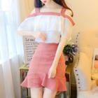 Set: Color Block Off-shoulder Short-sleeve Top + Ruffle Trim A-line Skirt
