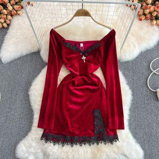 Lace Trim Velvet Slit Dress