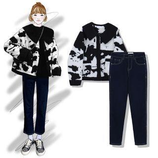 Collared Cow Print Jacket / Straight-cut Jeans