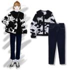 Collared Cow Print Jacket / Straight-cut Jeans