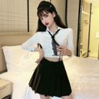 Crop Shirt With Necktie / Mini A-line Skirt / Set