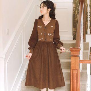 Lantern-sleeve Flower Embroidered Midi A-line Dress