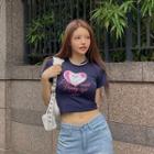 Heart Cat-printed Cropped T-shirt