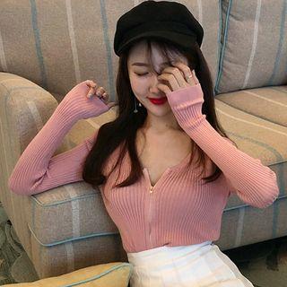 Rib-knit Zip Cardigan Mauve Pink - One Size