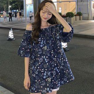 Flower Print Cold-shoulder Blouse As Shown In Figure - One Size