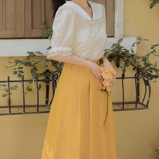 Set: Short-sleeve Lace Blouse + A-line Skirt