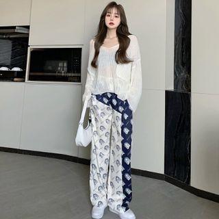 Long-sleeve Knit Top / Two-tone Print Wide-leg Pants