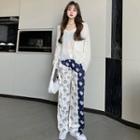 Long-sleeve Knit Top / Two-tone Print Wide-leg Pants
