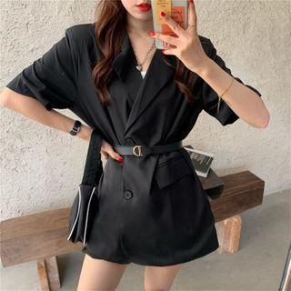 V-neck Short-sleeve Blazer Blazer - Black - One Size
