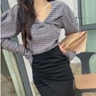 Puff-sleeve Twisted Plaid Blouse