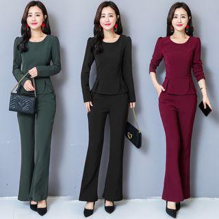 Set: Plain Long-sleeve Top + Boot-cut Pants