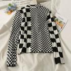 Checkerboard Mock-neck Knit Top