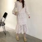Long-sleeve Lace Midi Collared Dress White - One Size