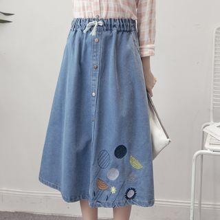 Drawstring Embroidered Midi Denim Skirt