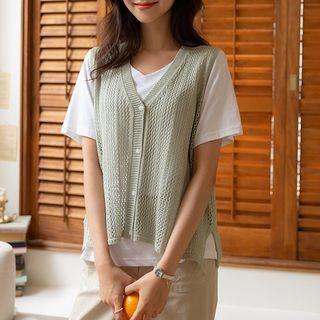 Sleeveless V-neck Open-knit Cardigan