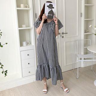 Capelet Shirred Gingham Maxi Dress