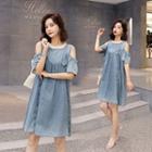 Cutout Shoulder Frilled Denim A-line Dress