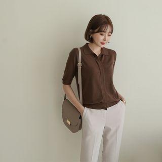 Collared Open-placket Puff-sleeve Knit Top