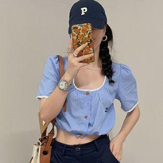 Puff-sleeve Lace Trim Striped Blouse Blue - One Size