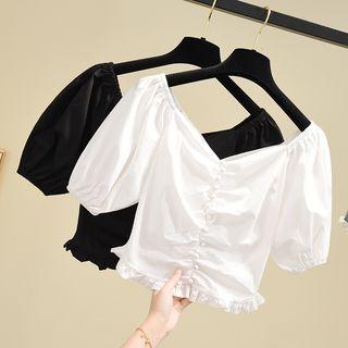 Lantern-sleeve V-neck Ruffled Trim Chiffon Top