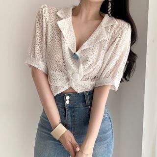 Elbow-sleeve Front-knot Lace Shirt