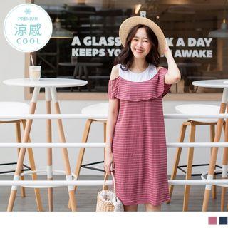 Cutout Shoulder Ruffle Striped Panel Dress