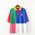Short-sleeve Color Block Polo Shirt As Shown In Figure - One Size