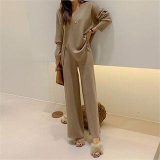 V-neck Top & Wide-leg Pants Knit Set