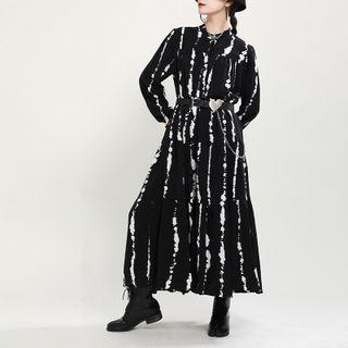 Long-sleeve Print Midi A-line Dress Black - One Size