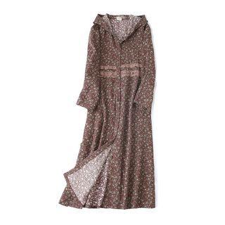 Long-sleeve Flower Print Hooded Midi Dress