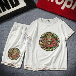 Set: Embroidered Short Sleeve T-shirt + Drawstring Shorts