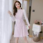 Long-sleeve Mock-neck Knit A-line Mini Dress