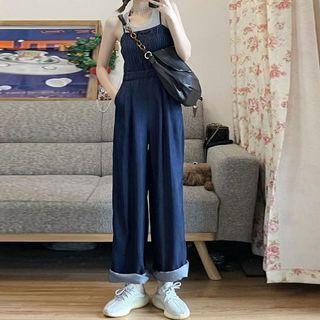 Spaghetti Strap Smocked Denim Dungaree / Puff-sleeve Perforated Crop Blouse