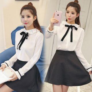 Pleated Collar Tie Neck Chiffon Shirt