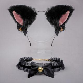 Set: Fluffy Cat Ear Headband + Bow Choker