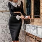 Lace Trim Collared Long-sleeve Cut-out Sheath Dress