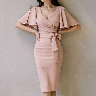 Flutter-sleeve Deep-v Neck Sheath Dress