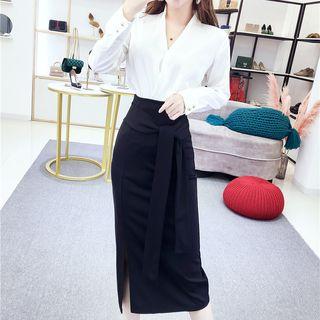 Set: Long-sleeve V-neck Blouse + Midi A-line Skirt