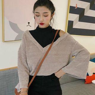 Mock Two-piece Off-shoulder Long-sleeve Top As Shown In Figure - One Size