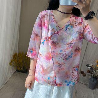 3/4-sleeve Printed Wrap-front Blouse
