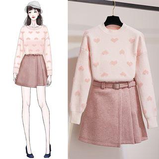 Heart Print Sweater / Belted A-line Wrap Skirt / Set