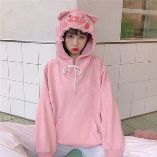 Pig Embroidered Hoodie Long-sleeve T-shirt Pink - One Size