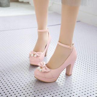 Bow Accent Ankle Strap Platform Block Heel Pumps