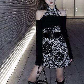 Halter-neck Paisley Print A-line Dress / Off-shoulder Top / Lace-up Belt / Set