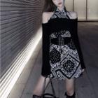 Halter-neck Paisley Print A-line Dress / Off-shoulder Top / Lace-up Belt / Set