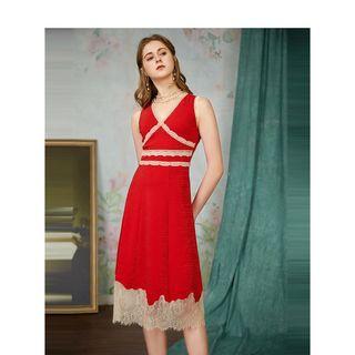 Sleeveless Lace Trim Midi A-line Dress