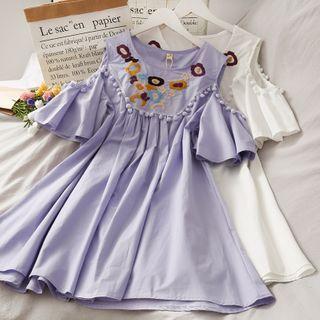 Pompom-accent Off-shoulder Embroidered A-line Dress